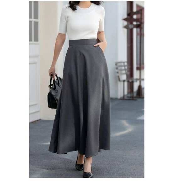 Heritage Wool Charcoal A-Line Skirt Size 8 Full Skirt, Pockets, High Waist - Picture 1 of 14